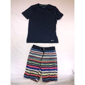 Boys Tek Gear Dry Tek Shirt and Gymboree Striped Board Shorts Swim Set Navy Blue